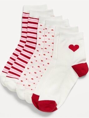 Old Navy White Crew Socks 3-Pack with Pink and Red Heart & Stripe Accents